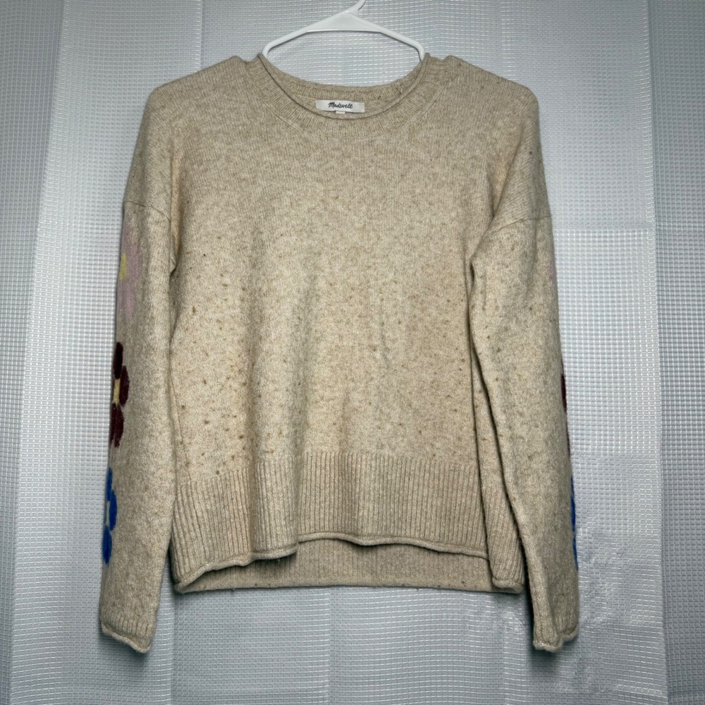 Madewell Floral Sleeve Crewneck Sweater XS Oatmeal Beige Merino Wool‎ Blend